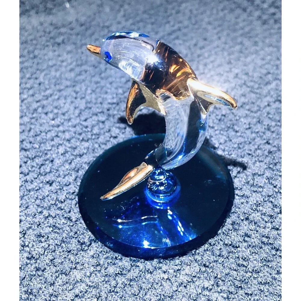 Glass Baron Collectible Crystal Dolphin 2.5” Figurine w/ Gold Trim Accent 280G-B